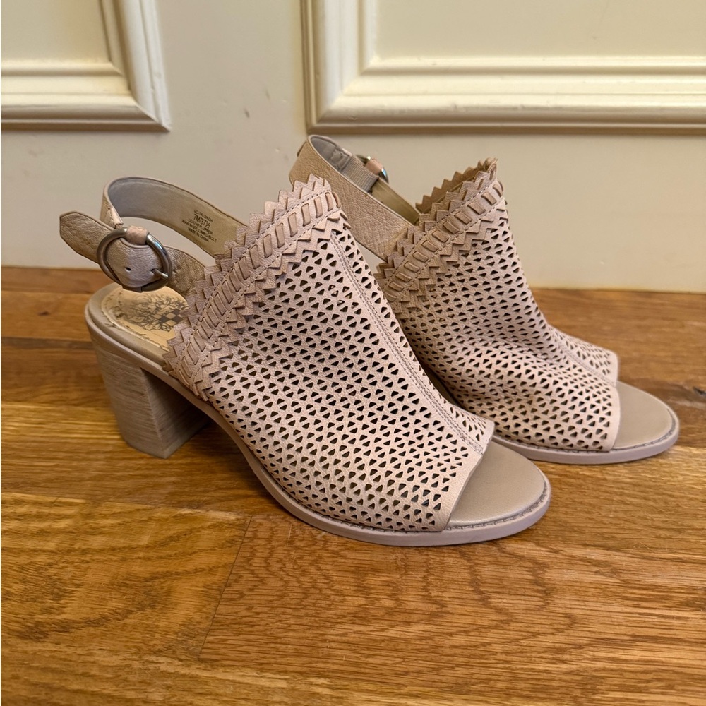 Vince Camuto Taupe Heeled Boots with Intricate Design